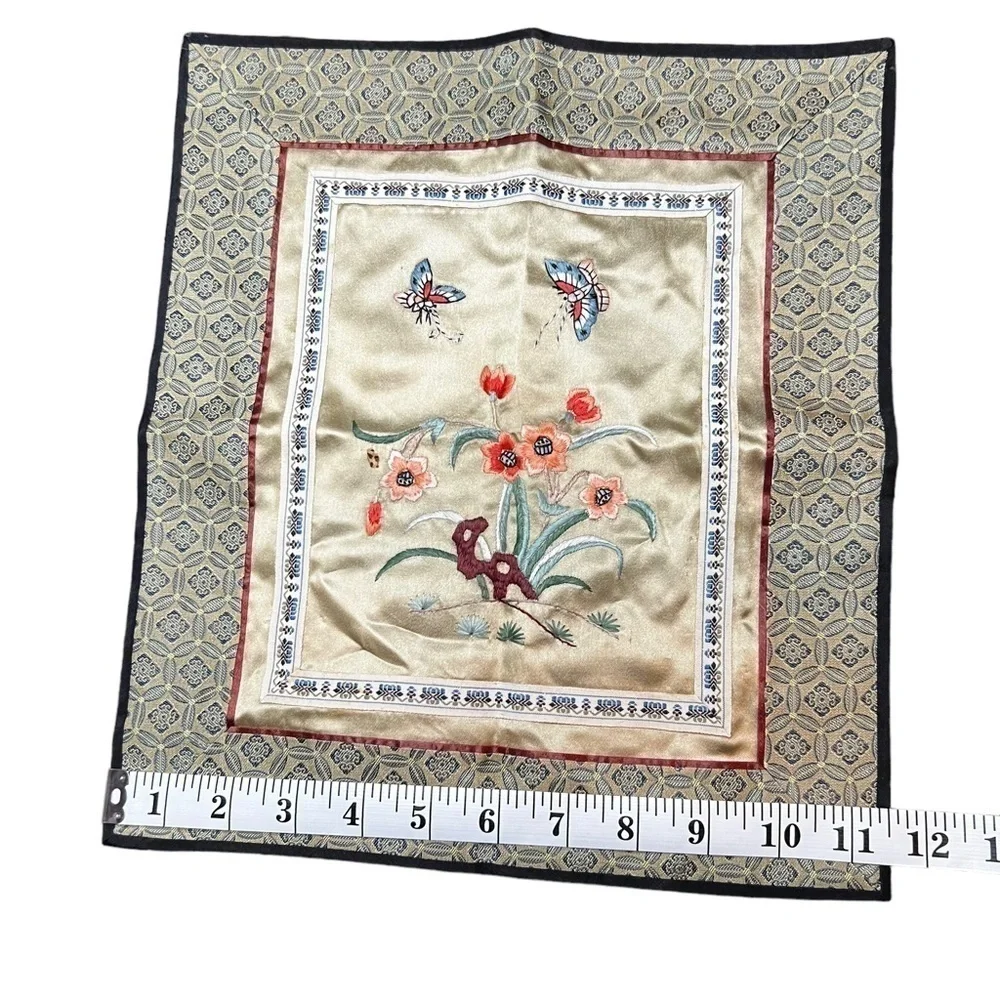 Asian Silk Embroidered Floral Wall Hanging Butterfly Handmade Poppy Coral 11X13”